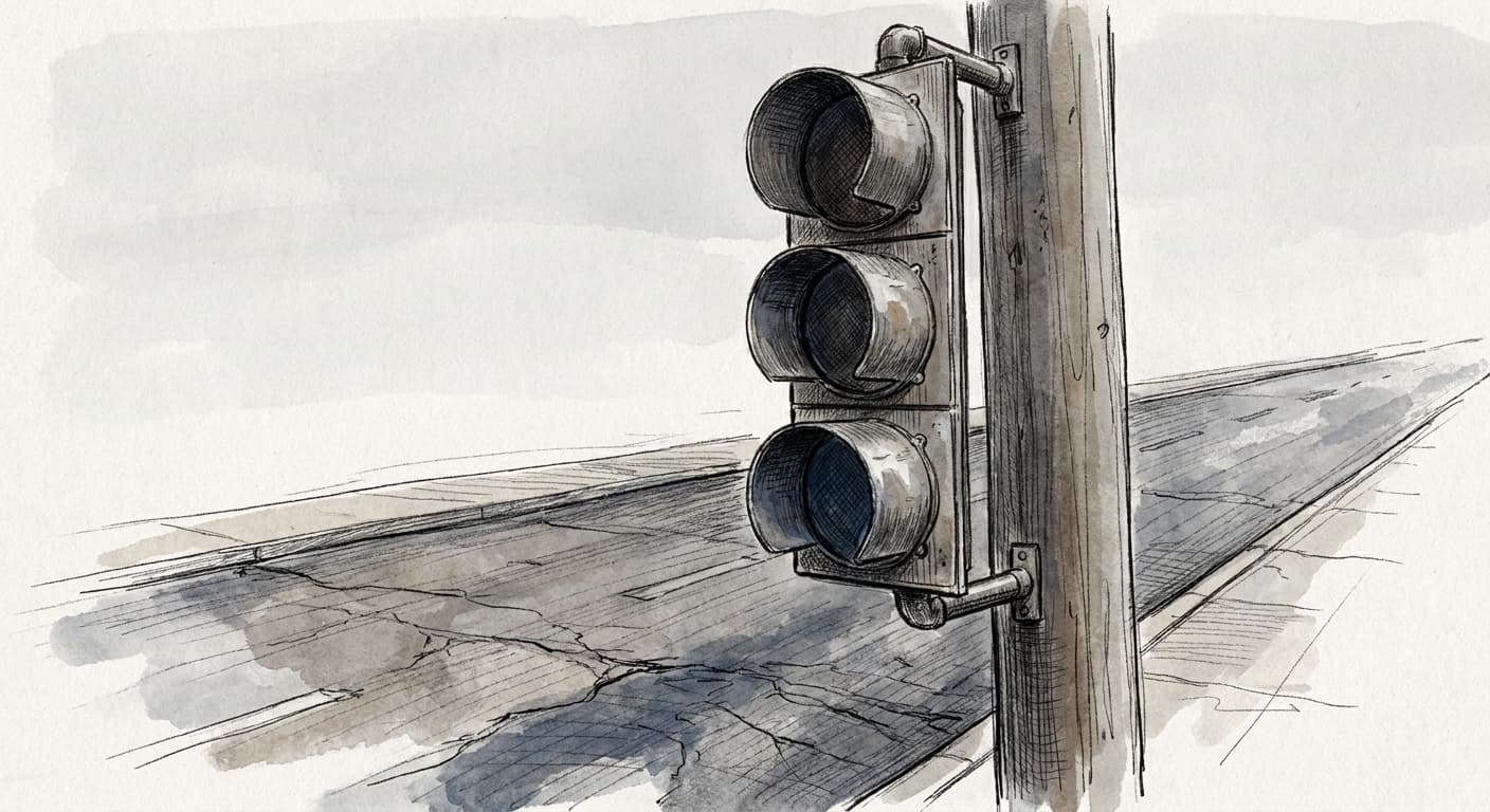 A hand-drawn editorial sketch of a simple traffic signal head mounted on a pole beside an empty road, shown from a low angle against a plain sky.