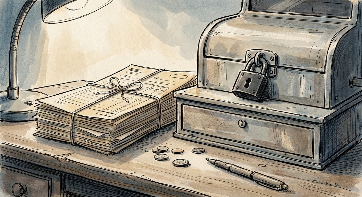 A hand-drawn editorial sketch of a padlocked cash register sitting beside a thick stack of property tax paperwork on a plain wooden desk, rendered…