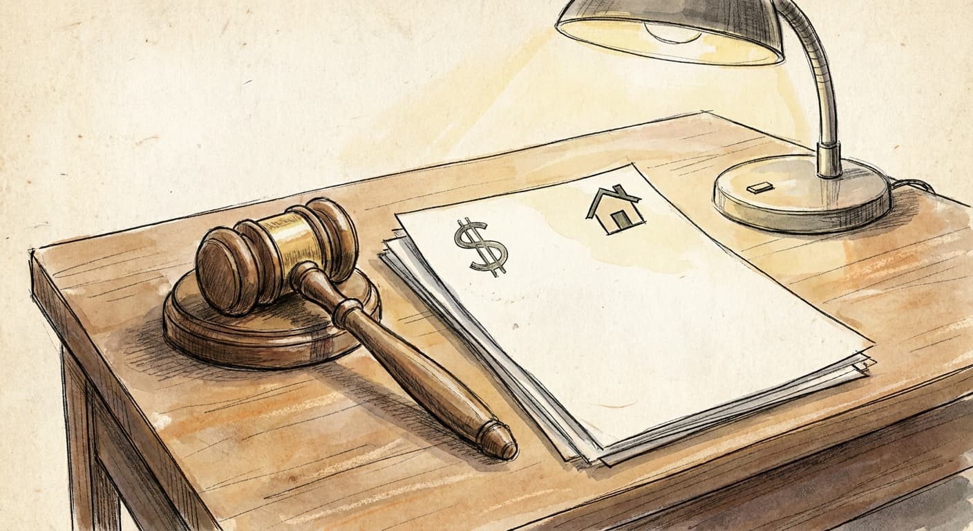 A hand-drawn editorial sketch of a wooden gavel resting beside a stack of papers labeled only with a generic dollar sign and a small house icon, on…