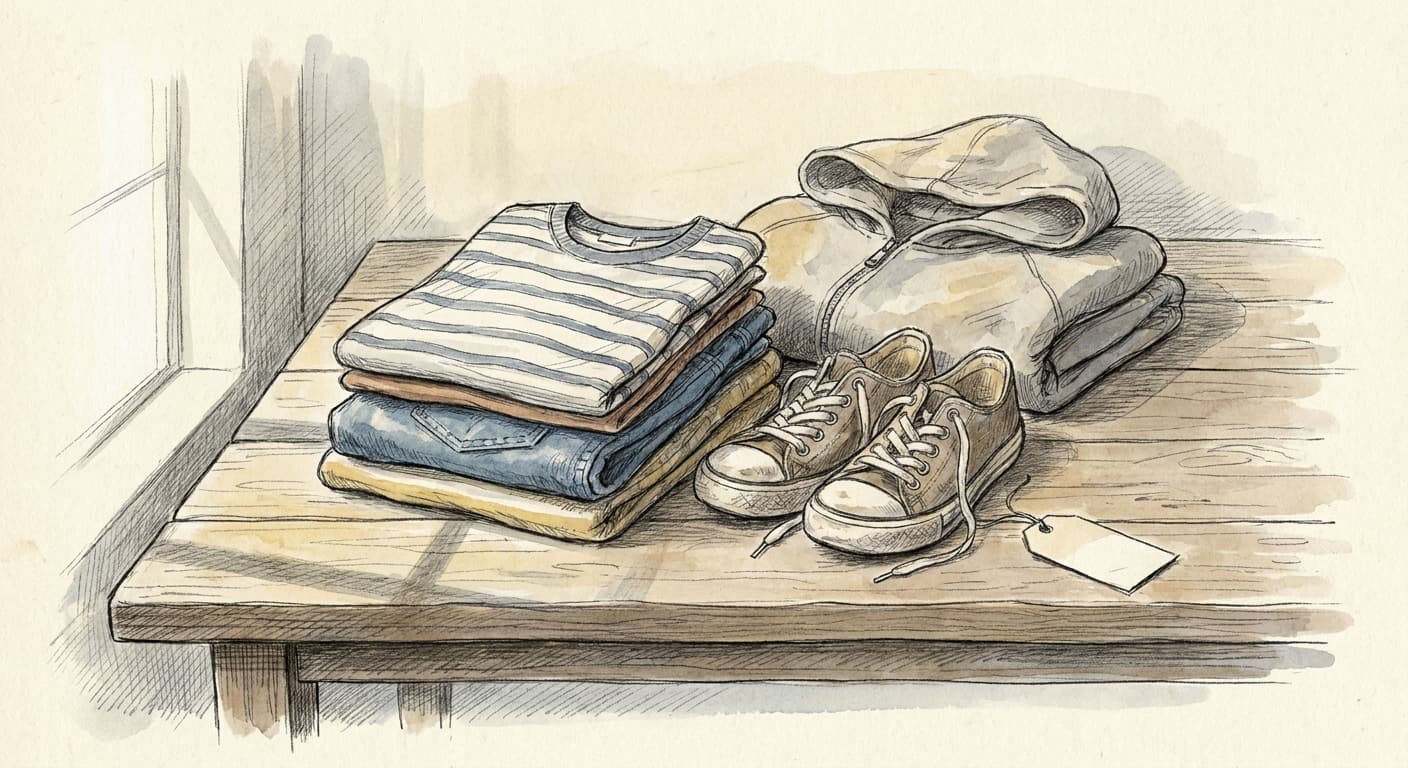 A hand-drawn editorial sketch of a folded stack of children's clothing and a pair of sneakers resting beside a paper price tag, viewed close up on a…