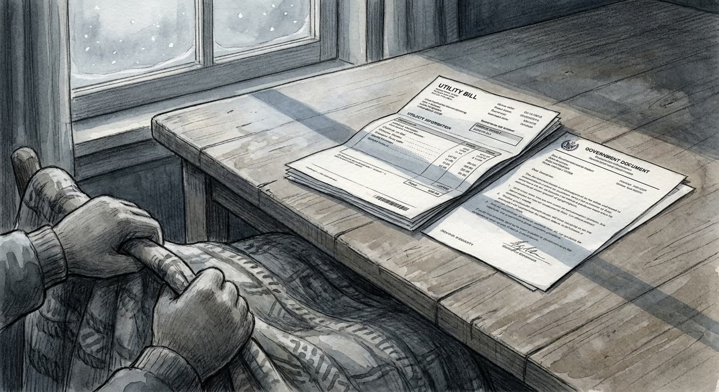 A close-up view of a thick, folded utility bill and a stark official federal document resting on a worn wooden kitchen table.
