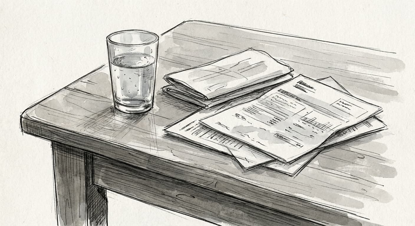 A hand-drawn editorial sketch of a household utility bill and a glass of water resting on a plain kitchen table, with a folded document beneath them.