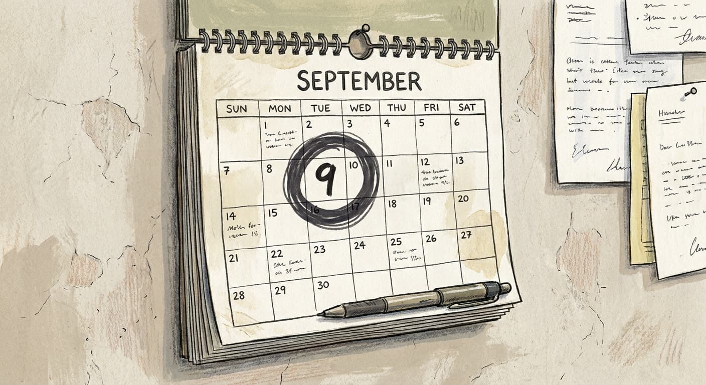 A hand-drawn editorial sketch of a wall calendar showing September with a single date, Weds the 9th, circled heavily in ink, a pen resting across…