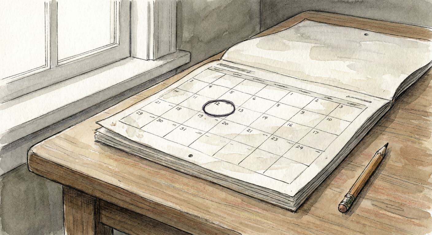 A hand-drawn editorial sketch of a wall calendar with a single early-March date circled in ink, a small pencil resting beside it.