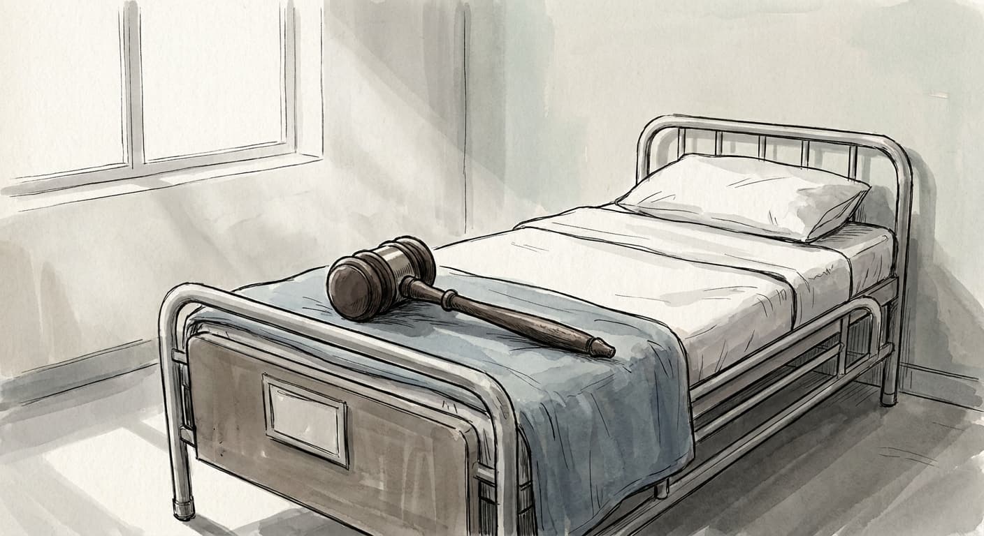 A hand-drawn editorial sketch of a hospital bed with a court gavel resting on the folded blanket at its foot.