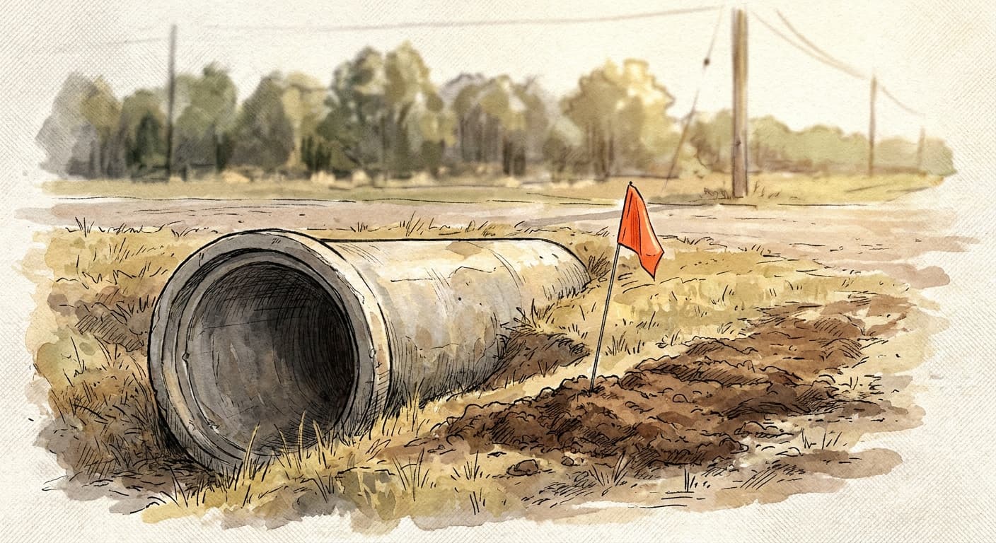 A hand-drawn editorial sketch of a large concrete drainage pipe half-buried in a grassy roadside ditch, with a small orange utility flag marking the…