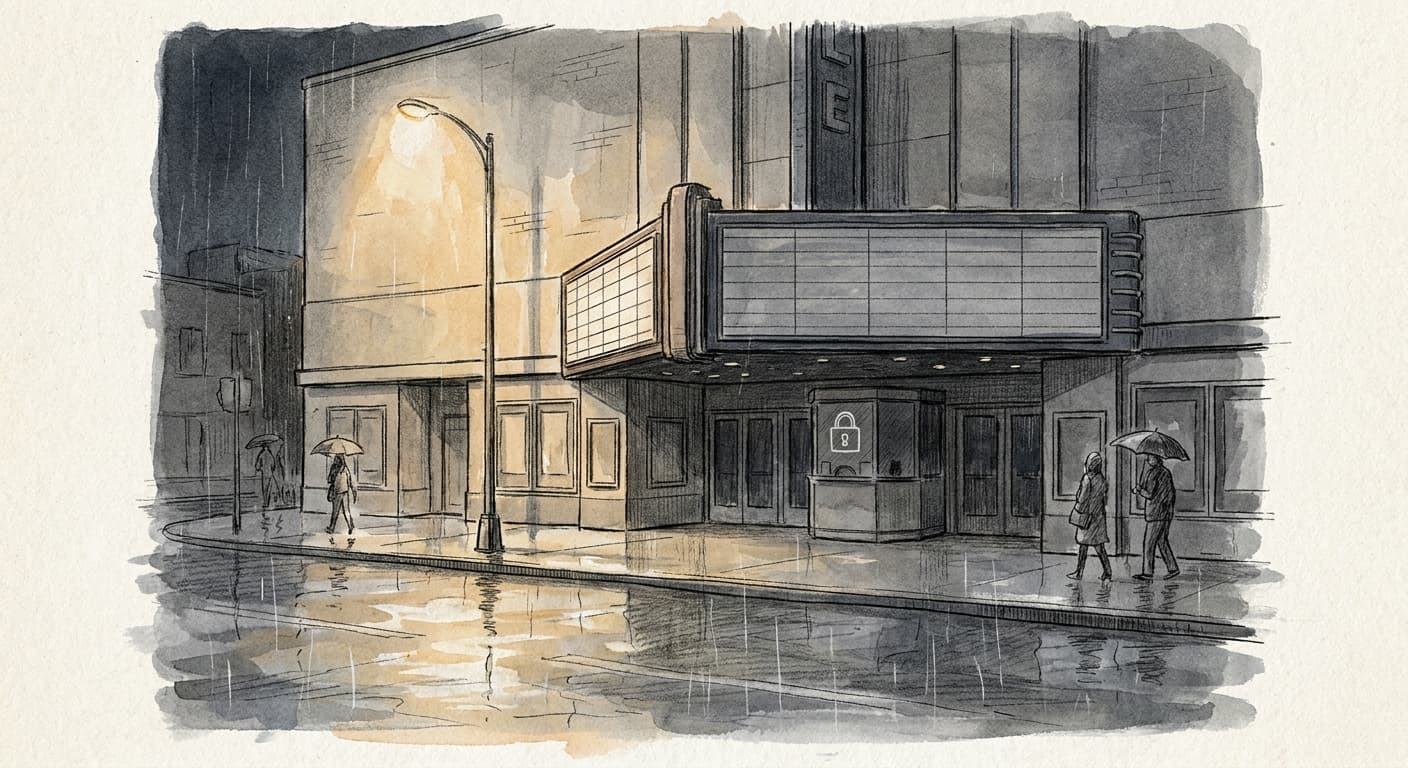 A hand-drawn editorial sketch of a movie theater marquee seen from a distance at night, its letter panels left blank and dark, with a padlock icon…