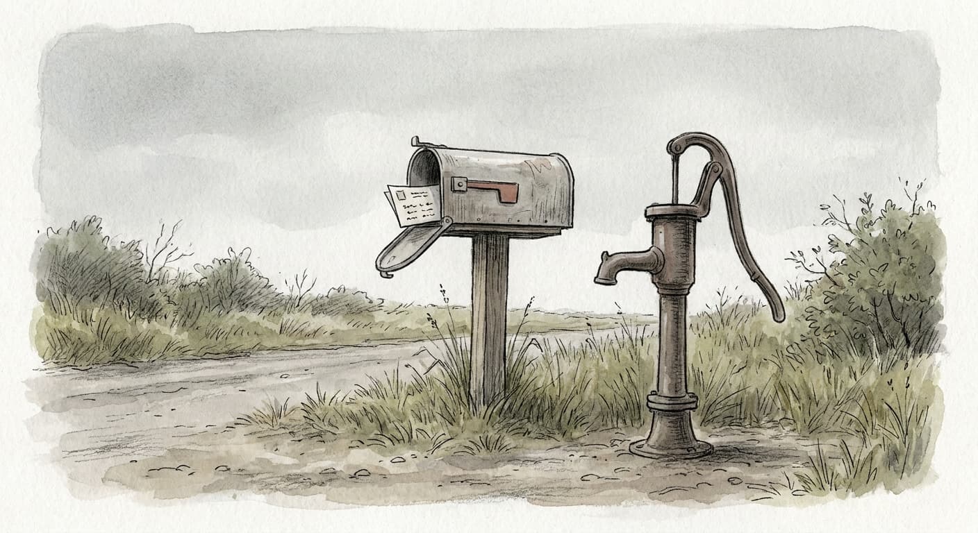 A hand-drawn editorial sketch of a rural mailbox on a wooden post beside a hand-pump well, with a small paper notice tucked into the mailbox flap,…