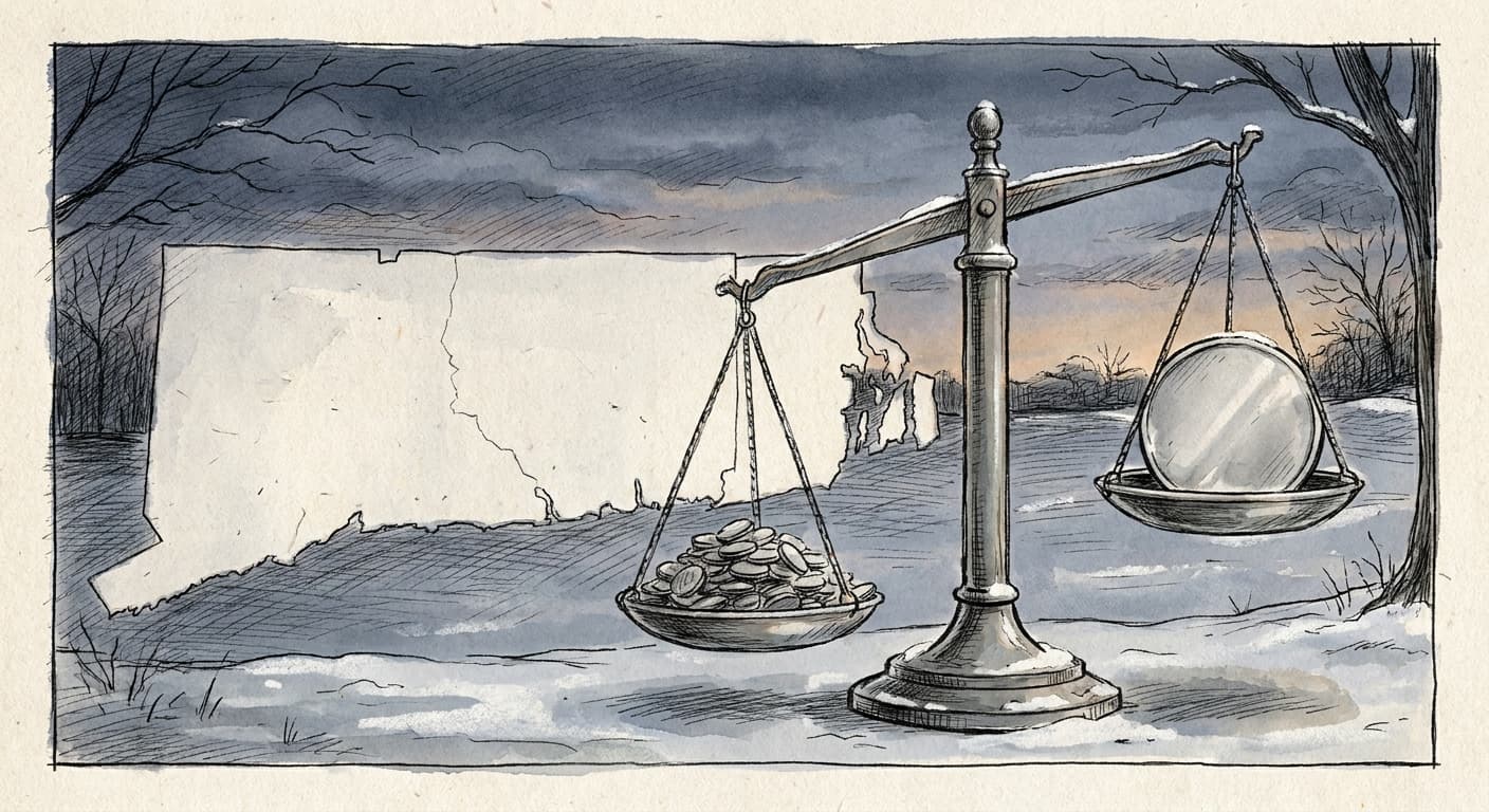 A hand-drawn editorial sketch of an old-fashioned balance scale standing outdoors at dusk, one pan holding a single oversized coin and the other pan…