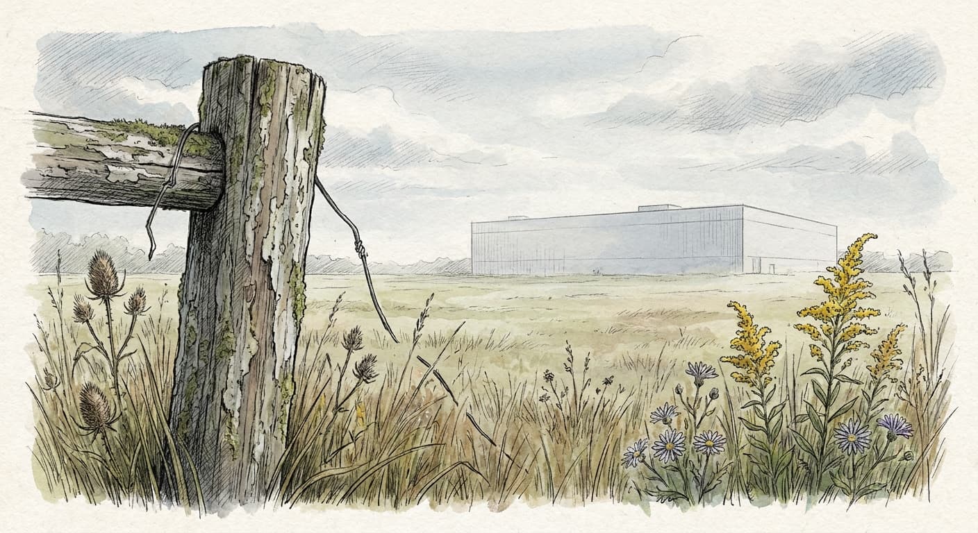 A hand-drawn editorial sketch of a weathered wooden fence post at the edge of an open field, with the faint outline of a large warehouse rising in…