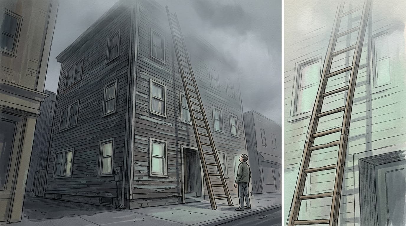 A hand-drawn editorial sketch of a tall wooden ladder leaning against a weathered triple-decker apartment building, its upper rungs vanishing into…