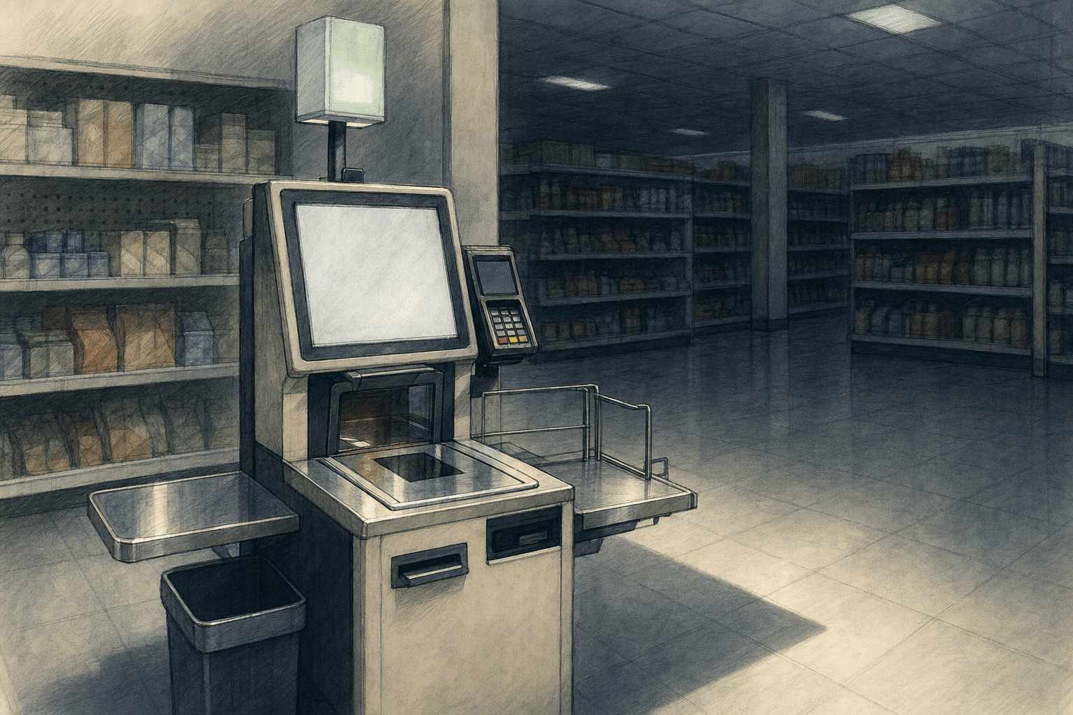A hand-drawn editorial sketch of a single supermarket self-checkout kiosk.