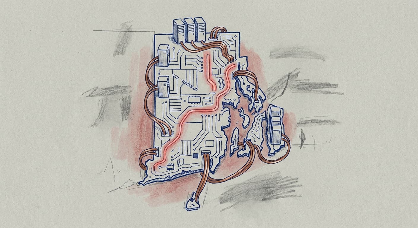 A hand-drawn editorial sketch of a stylized Rhode Island map transformed into a compact circuit board, with miniature server towers connected to…