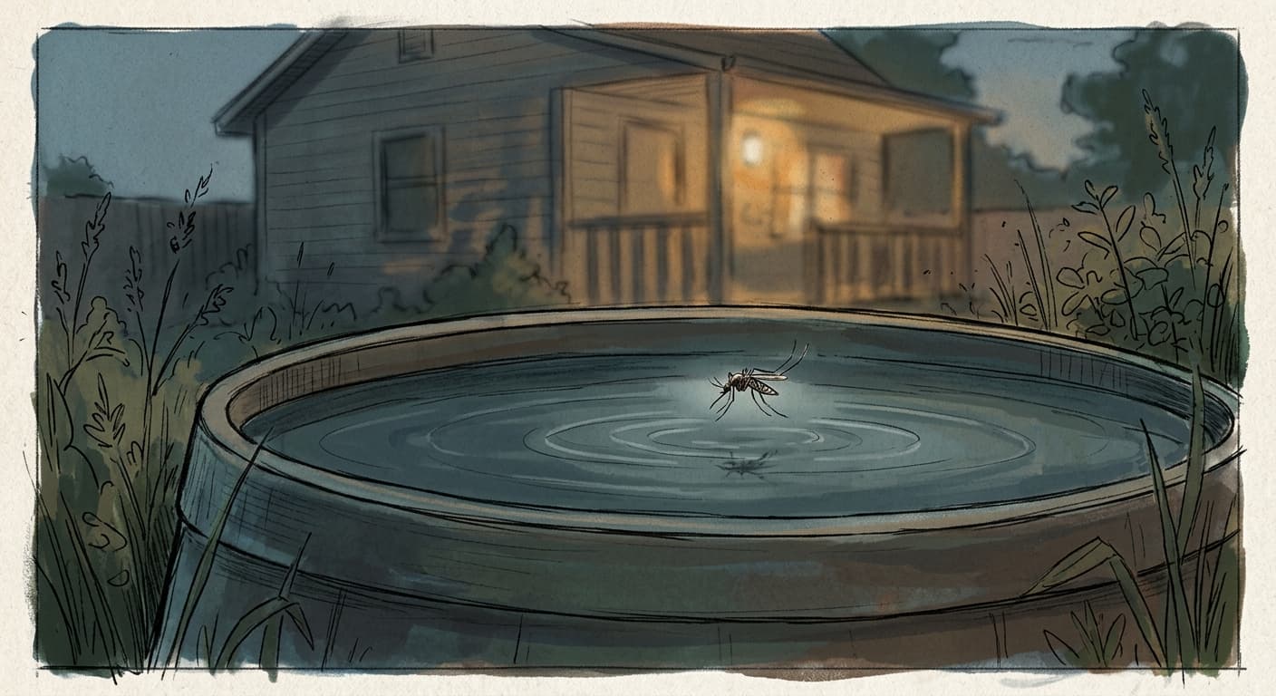 A hand-drawn editorial sketch of a single mosquito hovering just above a rain barrel of stagnant water in a shadowed backyard at dusk.