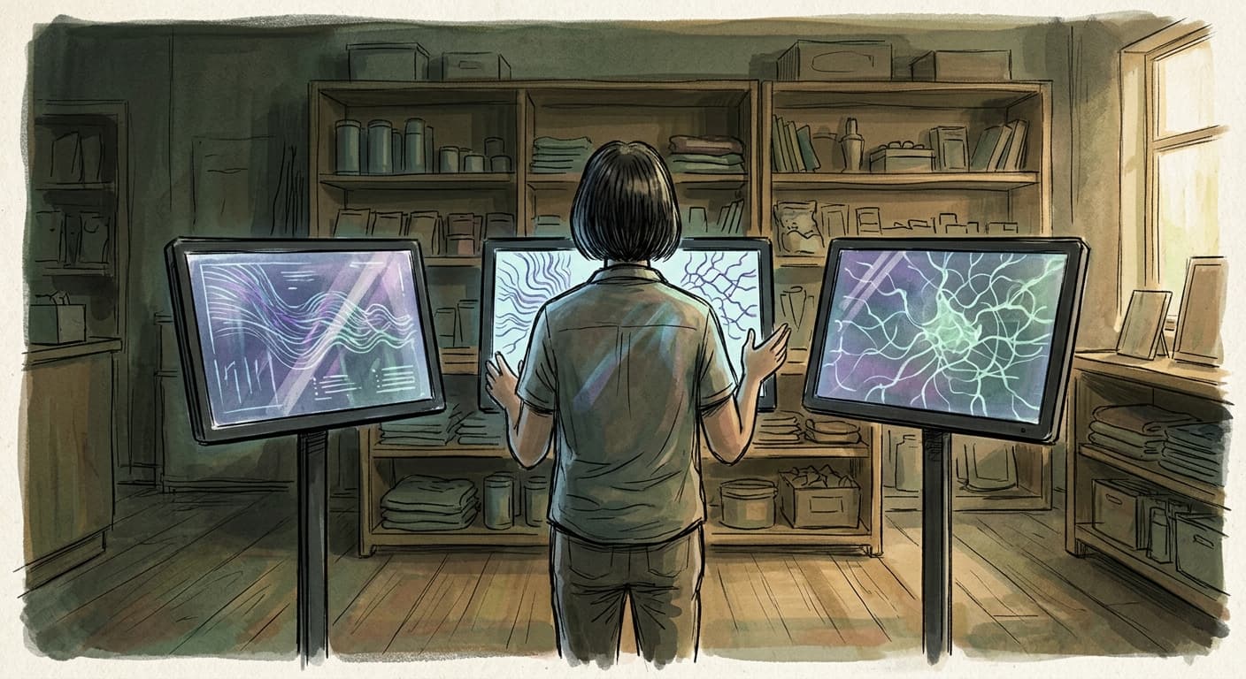 A hand-drawn editorial sketch of an anonymous small-business owner viewed from behind, standing before three freestanding digital displays that glow…