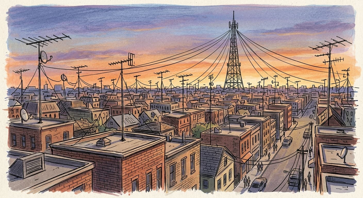 A hand-drawn editorial sketch of dozens of rooftop television antennas connected by taut cables to a single oversized broadcast tower on the horizon.