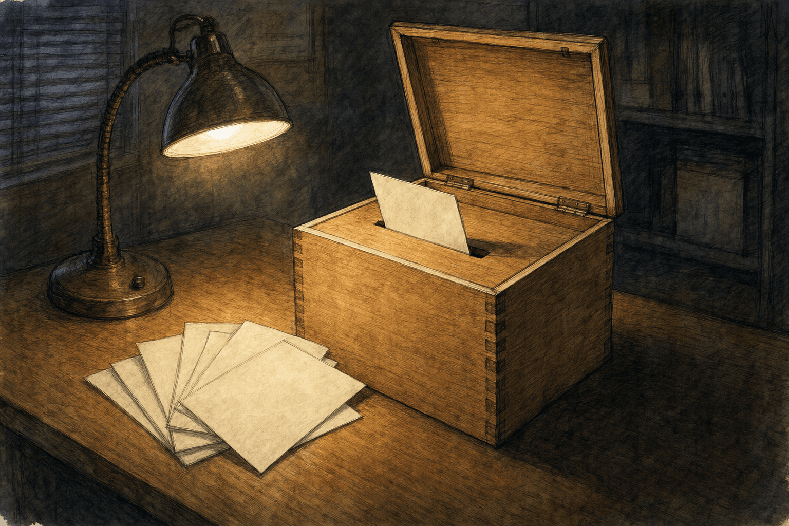 A hand-drawn editorial sketch of a wooden ballot box on a table, its slotted lid open, with a handful of blank paper slips fanned out beside it and…