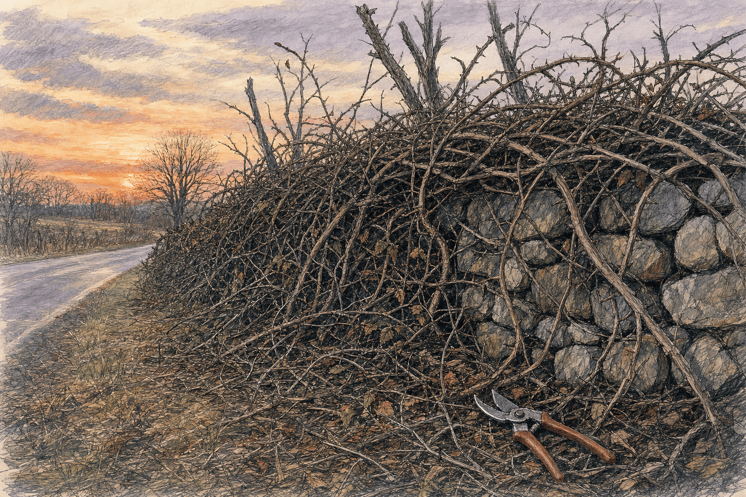 A hand-drawn editorial sketch of a thick tangle of thorny vines slowly swallowing an old fieldstone wall along a quiet country roadside.