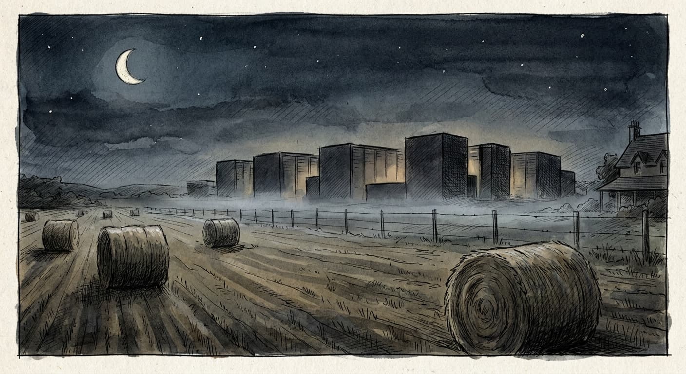 A hand-drawn editorial sketch of a fenced server-farm silhouette glowing faintly at the edge of an open, moonlit hay field, with a farmhouse…