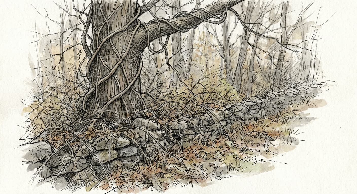 A hand-drawn editorial sketch of a single mature tree trunk wrapped tightly in climbing vines that spiral upward and vanish into a leafless canopy,…