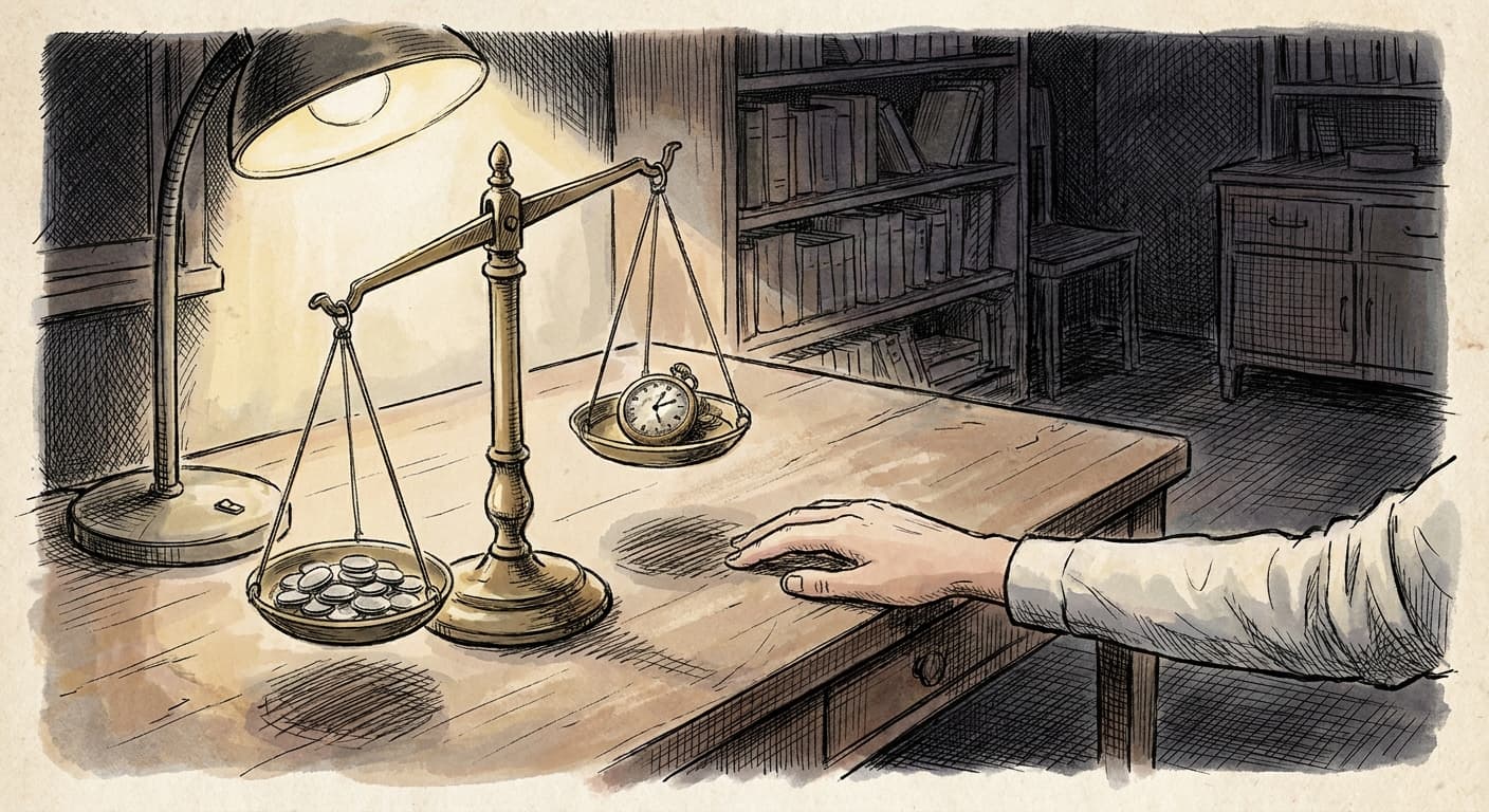 A hand-drawn editorial sketch of an old-fashioned balance scale on a wooden desk, one side weighted down with coins and the other holding a small…
