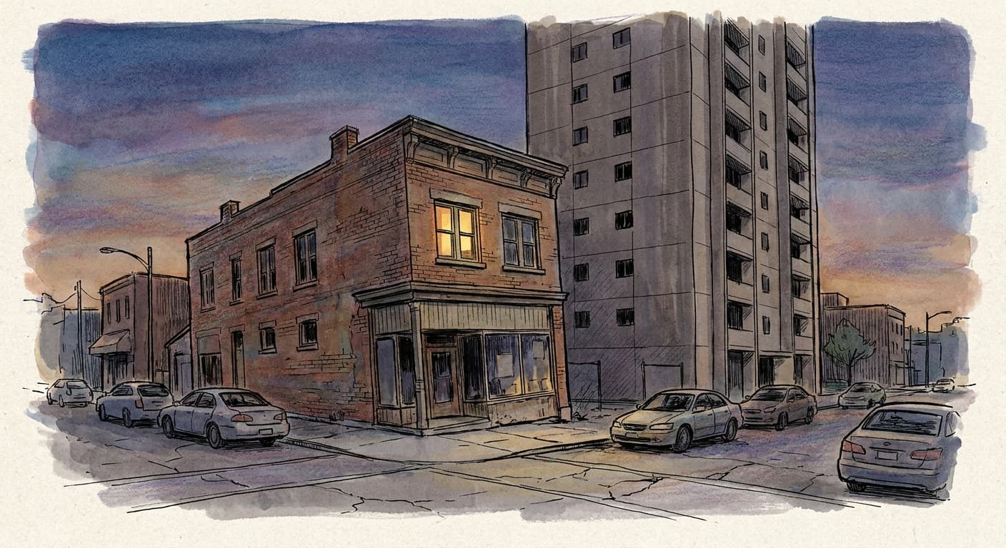 A hand-drawn editorial sketch of an old two-story storefront building sinking slightly into the ground beside a tall, featureless new apartment…