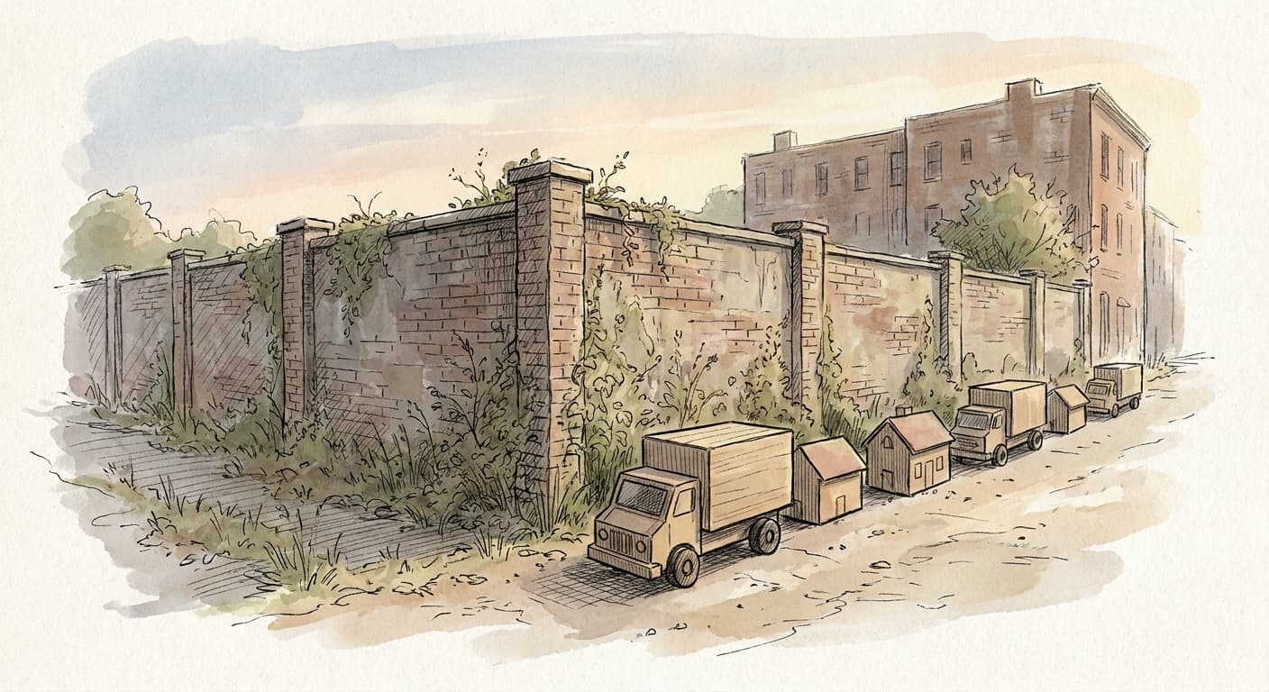 A hand-drawn editorial sketch of an empty three-story brick schoolyard fence overgrown with weeds, with a row of small toy-like moving trucks and…