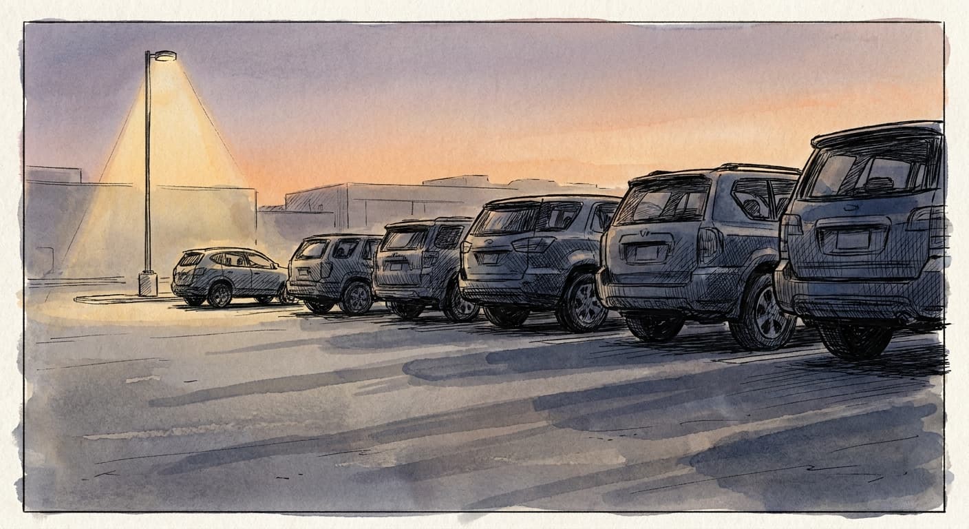 A hand-drawn editorial sketch of a row of identical SUV-shaped vehicle silhouettes lined up nose-to-tail in an empty municipal parking lot, each one…