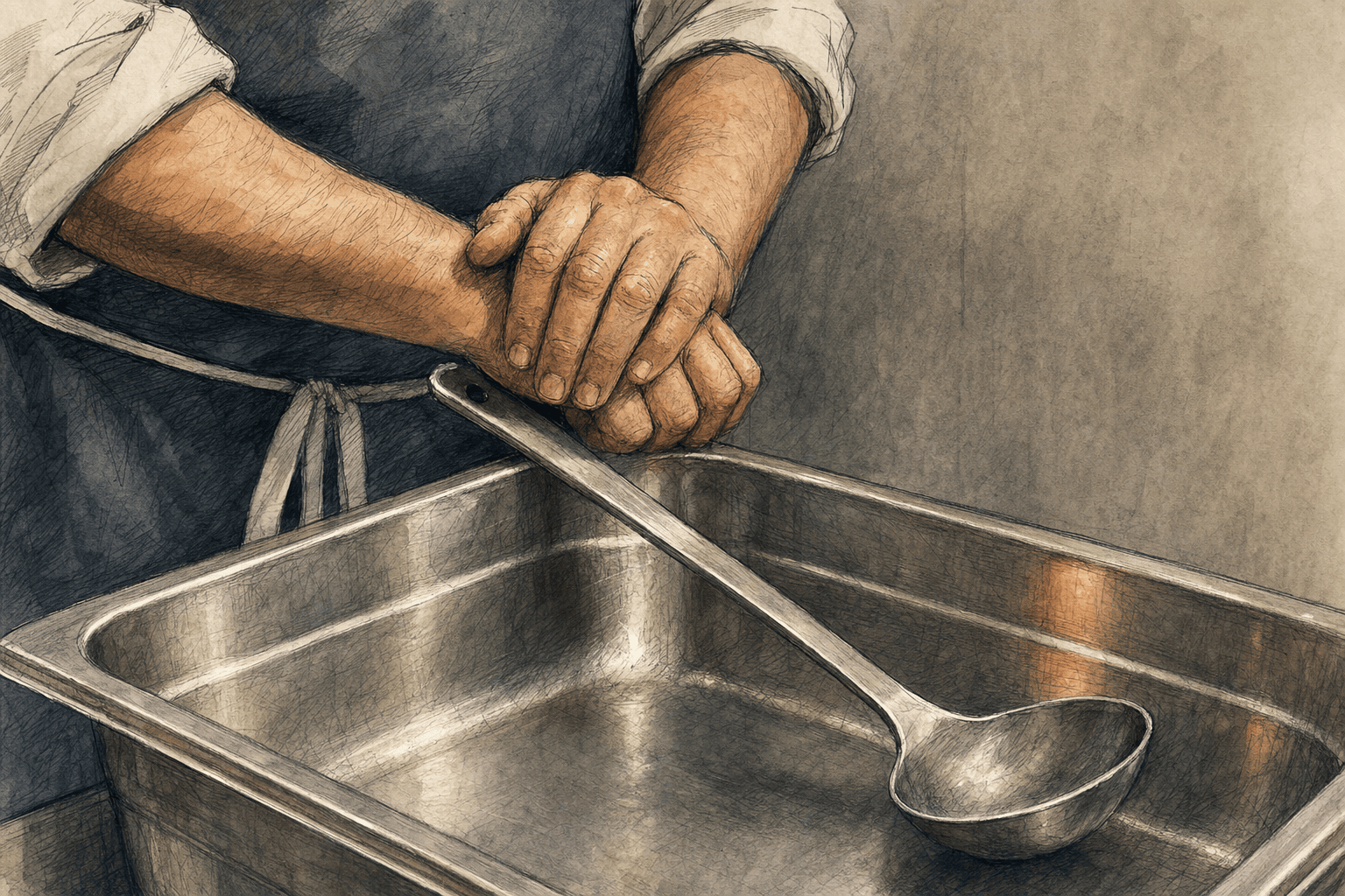 A hand-drawn editorial sketch of a cook's hands, seen up close, resting on the handle of a large steam-table serving spoon laid across an empty…
