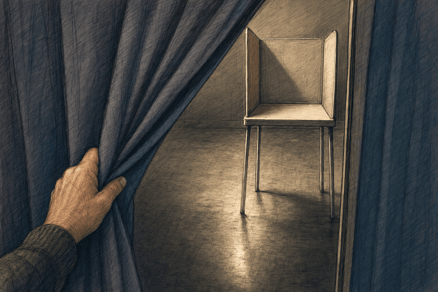 A hand-drawn editorial sketch of a hand pulling back a plain cloth voting-booth curtain to reveal an empty booth beyond, rendered close-up against a…