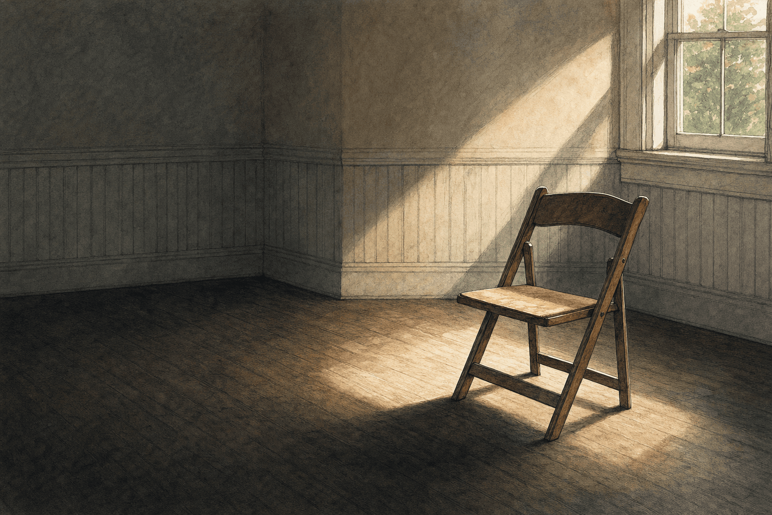A hand-drawn editorial sketch of a single wooden folding chair sitting empty at the edge of a plain, undefined room, a soft beam of light falling…