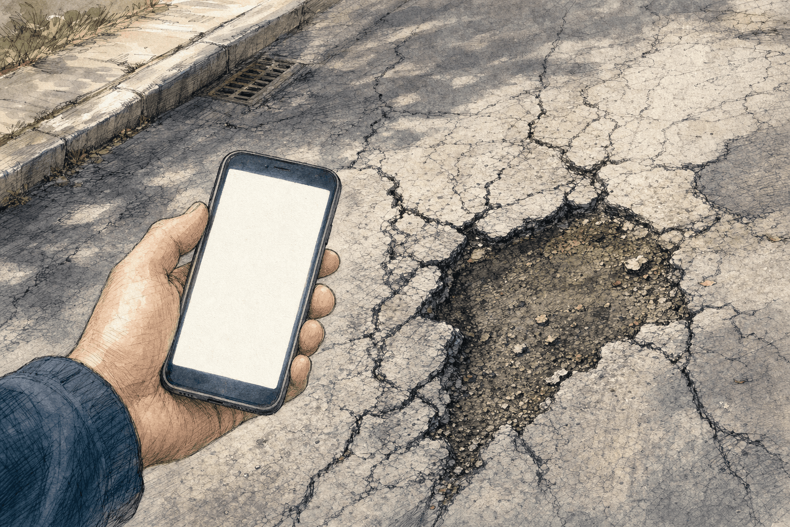A hand-drawn editorial sketch of a single hand holding a smartphone with a blank glowing screen, aimed down at a cracked, pothole-marked patch of…