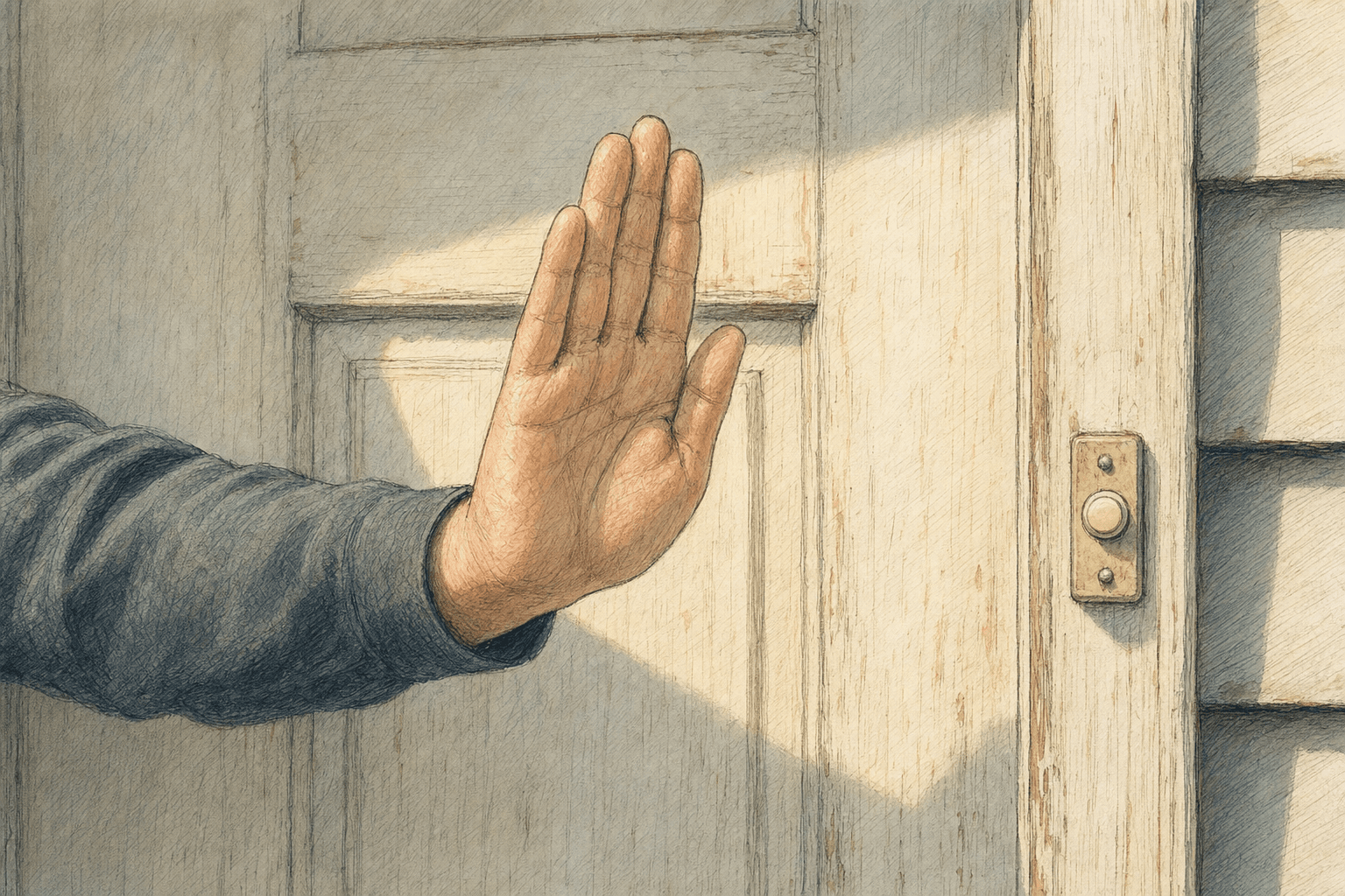 A hand-drawn editorial sketch of a small handwritten 'no' gesture — a single upraised palm — framed close against a plain front door, with a…