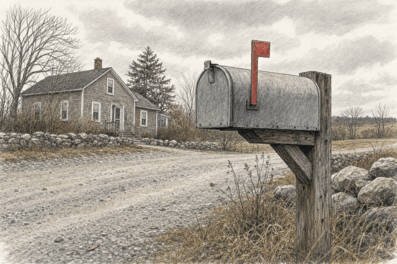 A hand-drawn editorial sketch of a single rural mailbox with its red flag raised, standing alone at the edge of a plain gravel driveway.