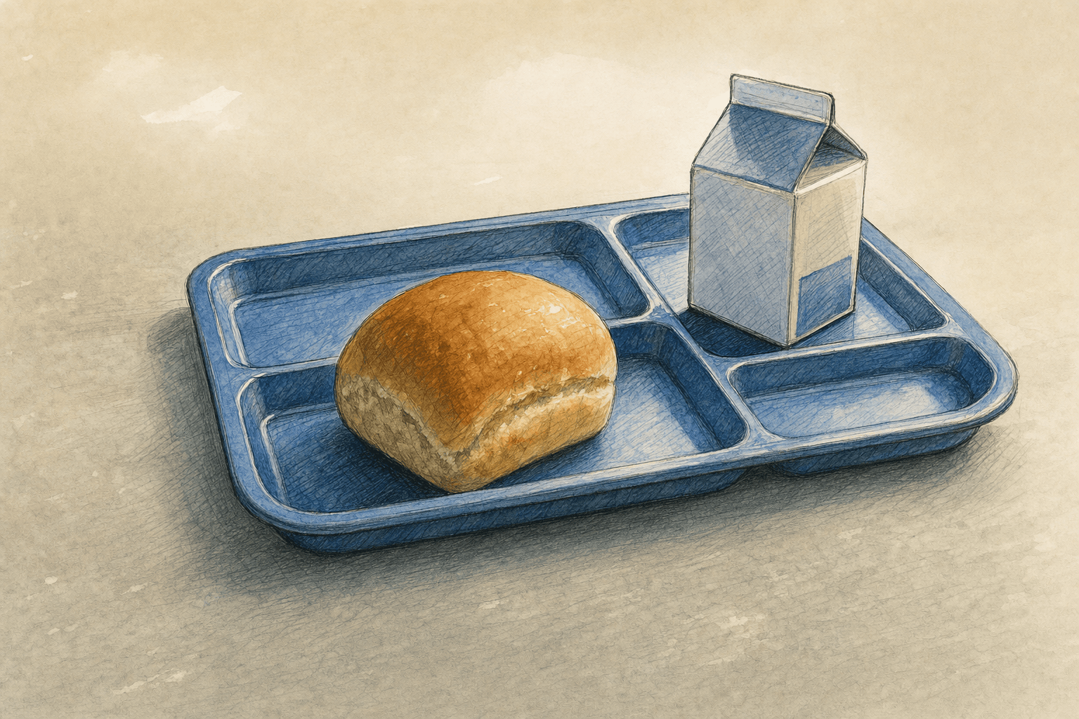A hand-drawn editorial sketch of a plain plastic school lunch tray holding a breakfast roll and a small milk carton, set alone on a bare tabletop.