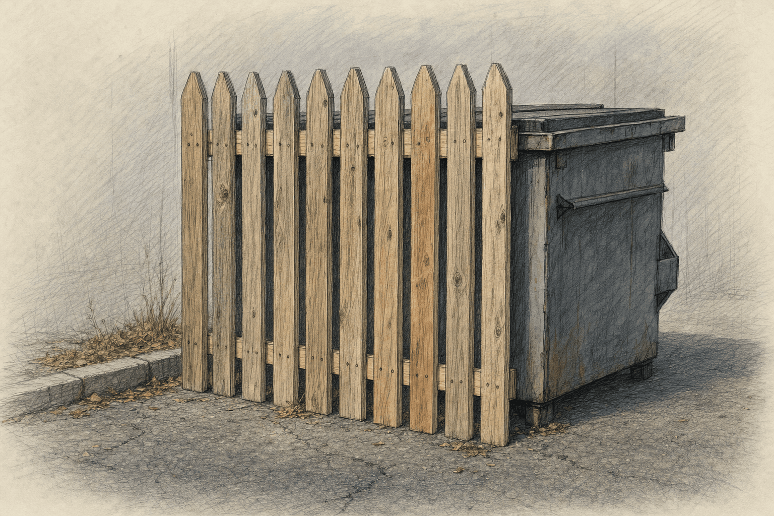 A hand-drawn editorial sketch of a single wooden picket fence panel standing alone in front of a plain metal dumpster, rendered in loose pencil…