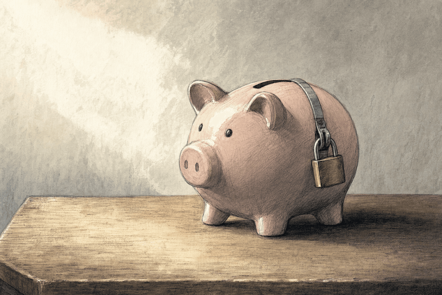 A hand-drawn editorial sketch of a plain piggy bank fitted with a small padlock, sitting alone on a bare tabletop.