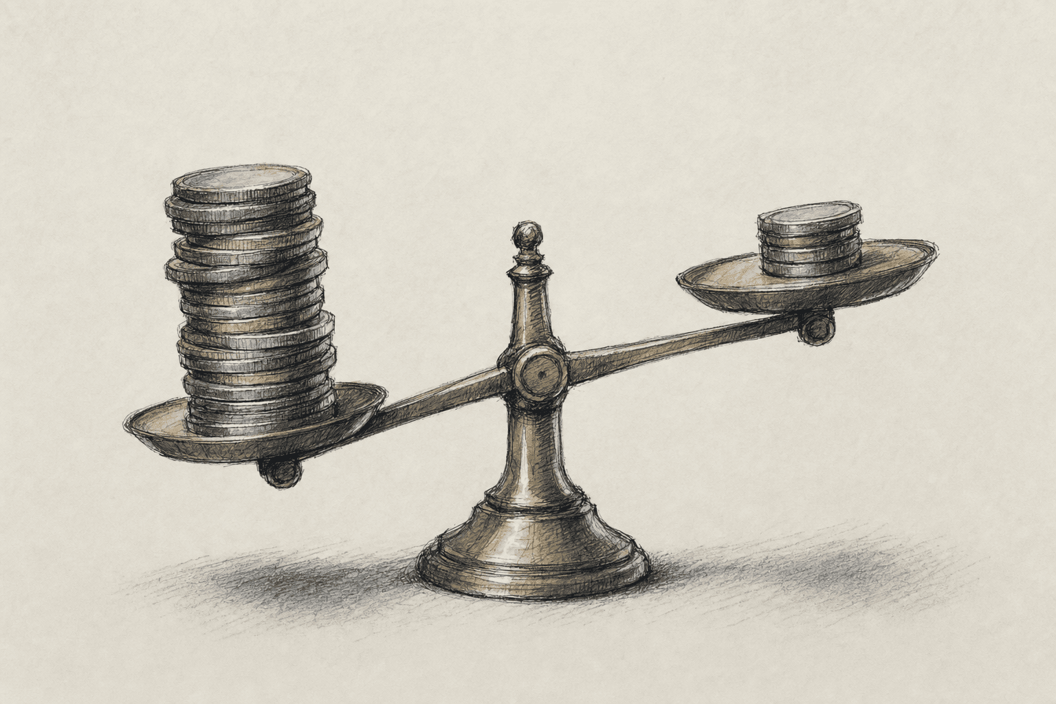 A hand-drawn editorial sketch of a small balance scale with a taller stack of coins weighing down one side and a shorter stack rising on the other,…