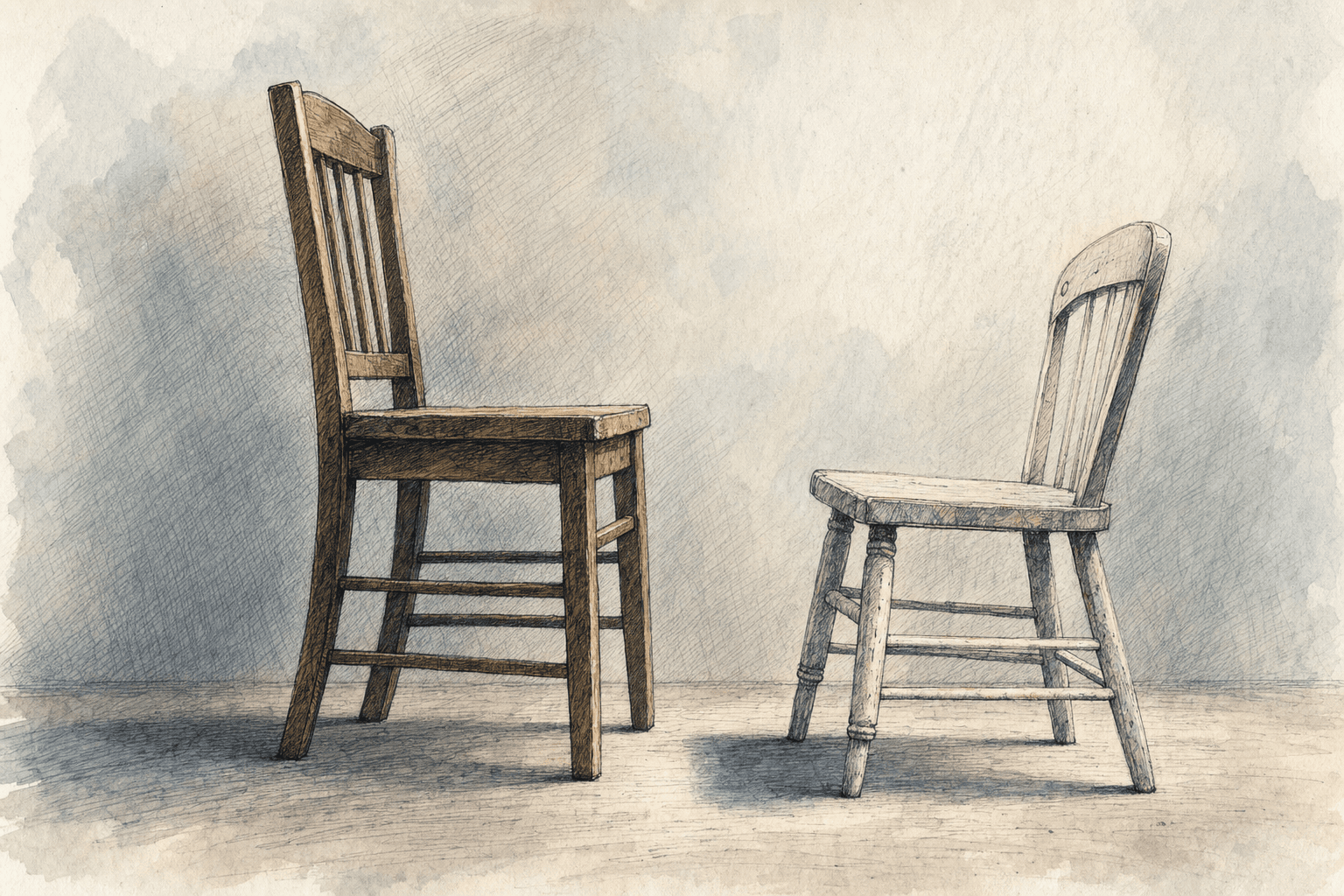 A hand-drawn editorial sketch of two mismatched wooden chairs facing each other across a narrow gap, one slightly higher than the other, set against…