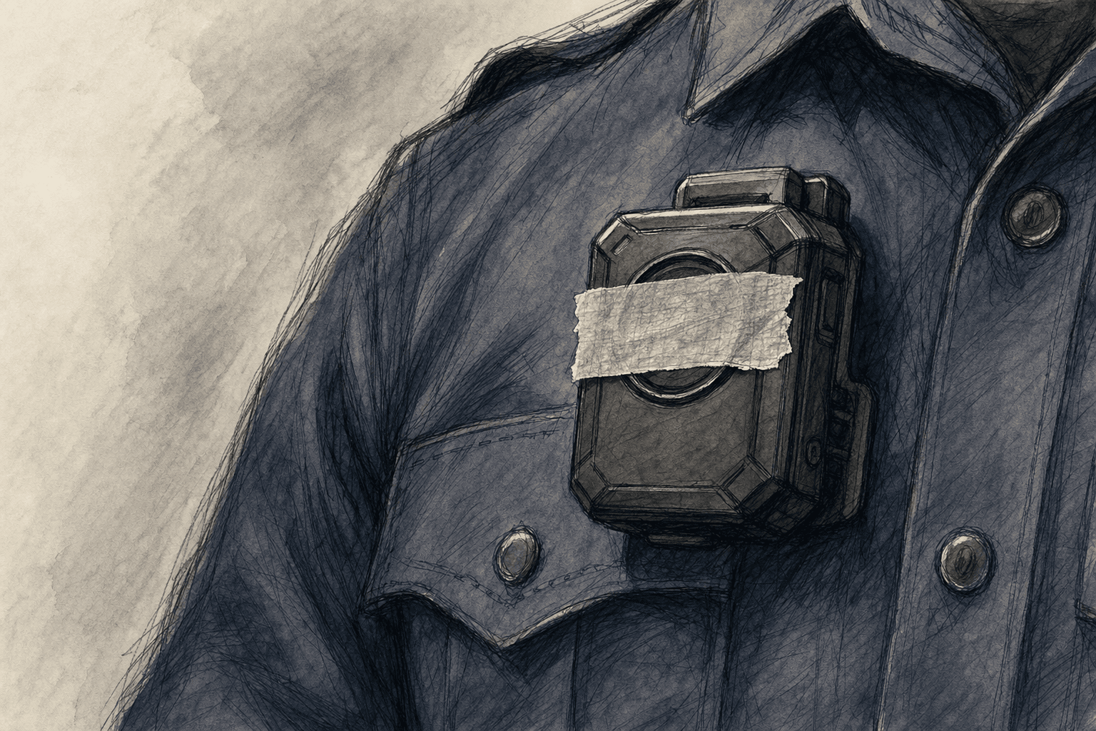A hand-drawn editorial sketch of a small body-worn camera clipped to a plain dark uniform shirt, seen close up with its lens covered by a strip of…