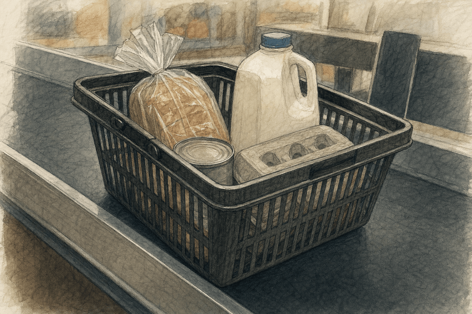 A hand-drawn editorial sketch of a small grocery basket holding only a few unbranded staples on an anonymous checkout belt, framed closely from the…