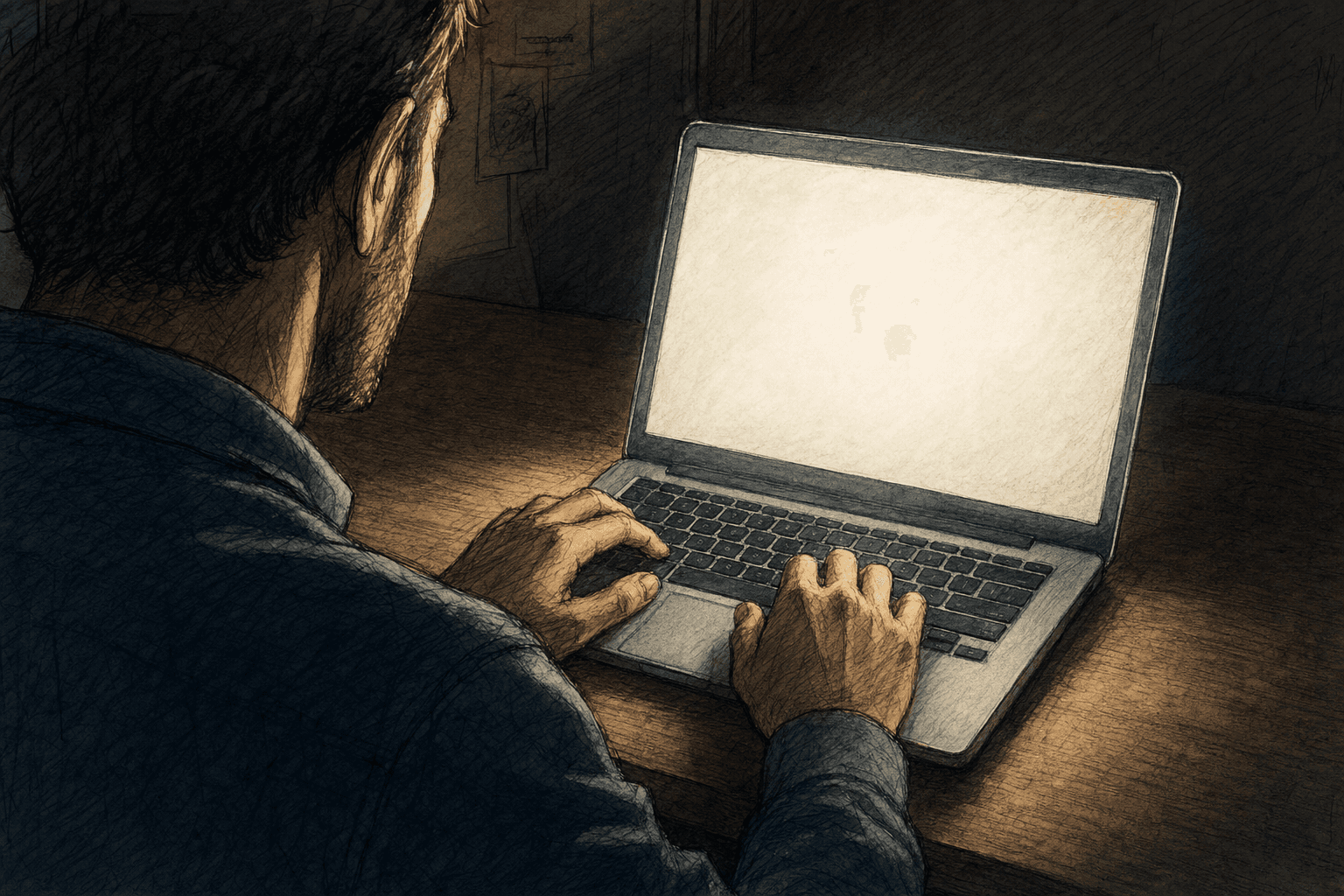 A hand-drawn editorial sketch of a small business owner's hands, seen close up from behind the shoulder, resting on a laptop keyboard in a dim room…