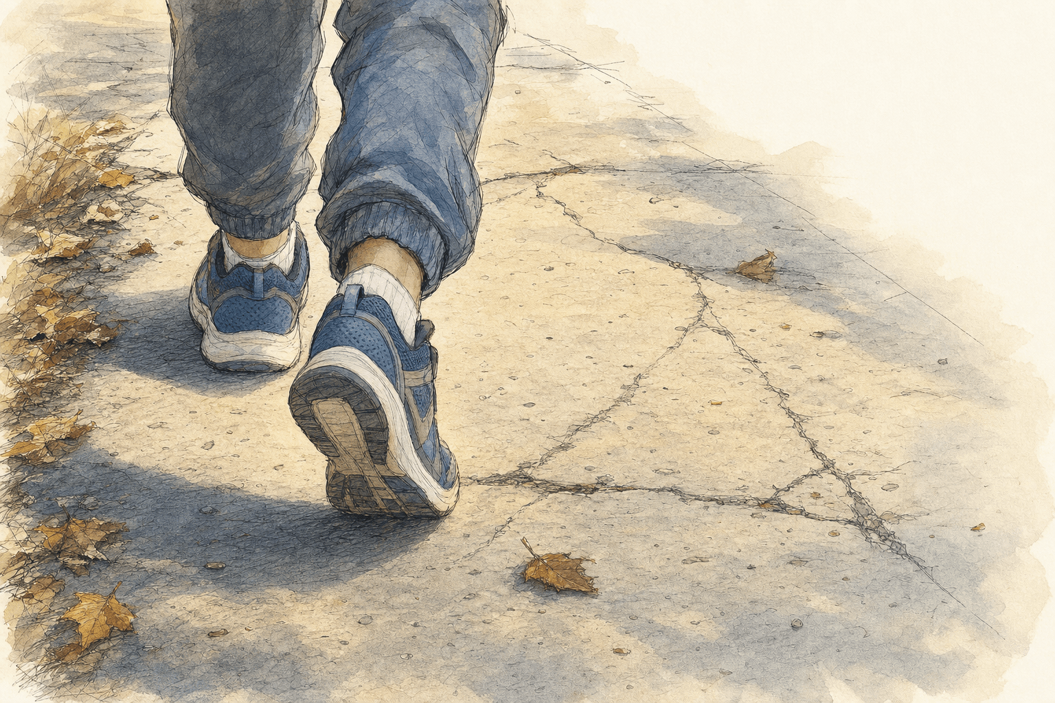 A hand-drawn editorial sketch of a child's sneakers and ankles walking along an anonymous stretch of sidewalk in early morning light, seen close up…