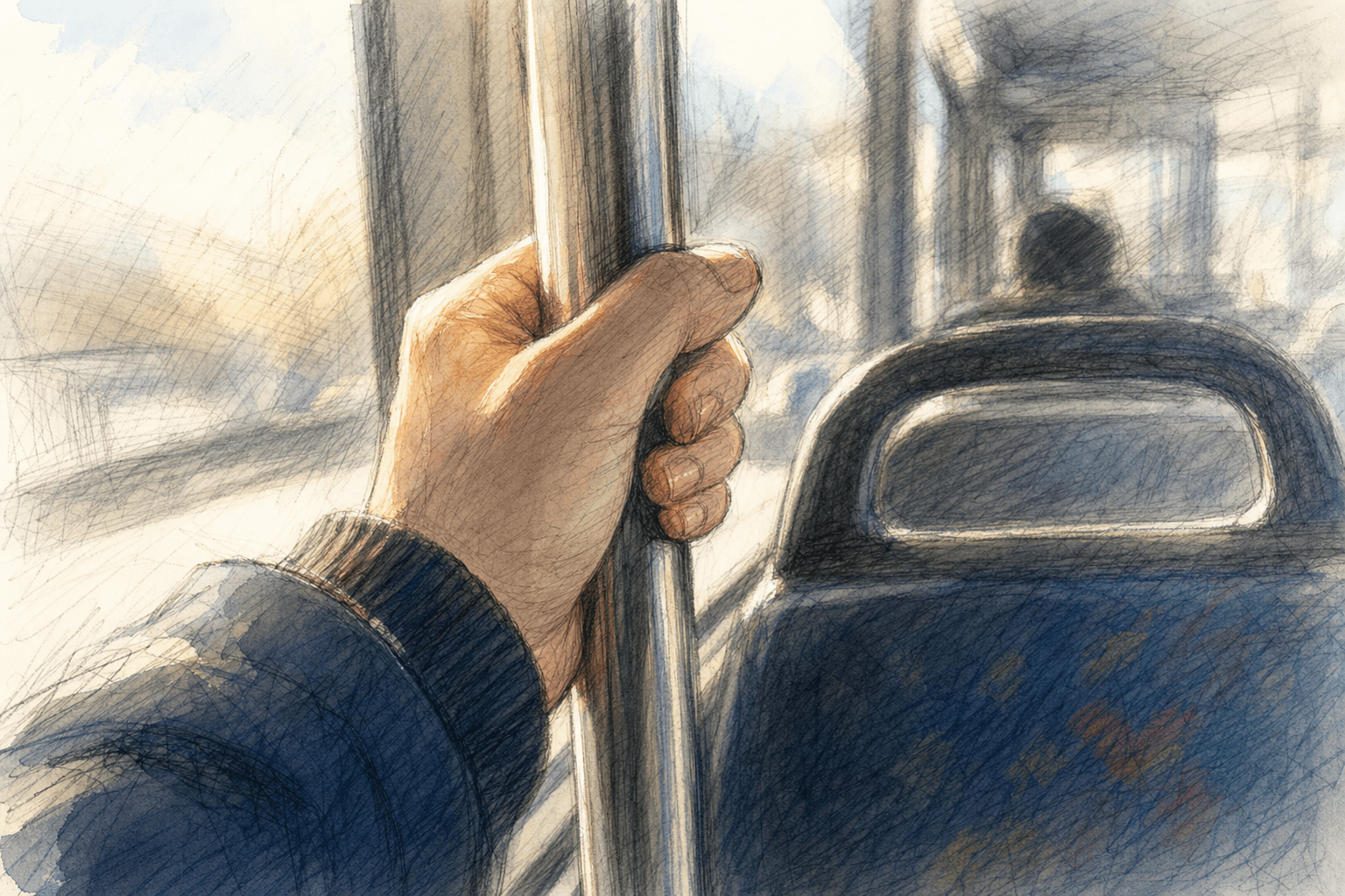 A hand-drawn editorial sketch of a lone rider's hand gripping a vertical stanchion pole inside a bus, seen close up with the blurred edge of a…