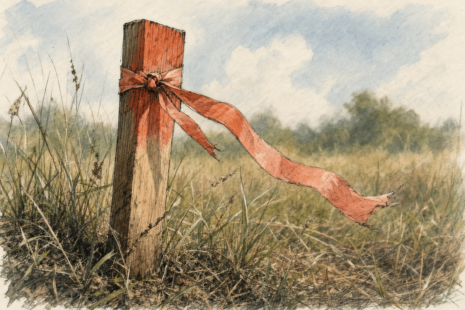 A hand-drawn editorial sketch of a surveyor's wooden stake with a strip of faded flagging tape knotted to it, driven into rough grass and seen close…
