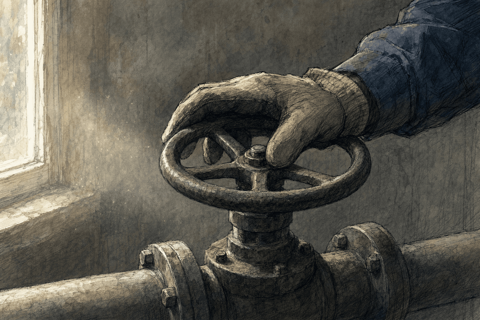 A hand-drawn editorial sketch of a worker's gloved hand resting on the cold cast-iron valve wheel of an old boiler pipe, seen close up from the side.