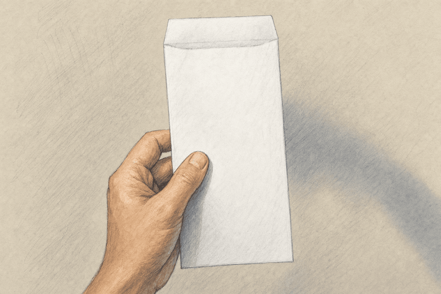 A hand-drawn editorial sketch of a single blank paper ballot sleeve held upright in an anonymous hand, seen close up against a plain neutral…