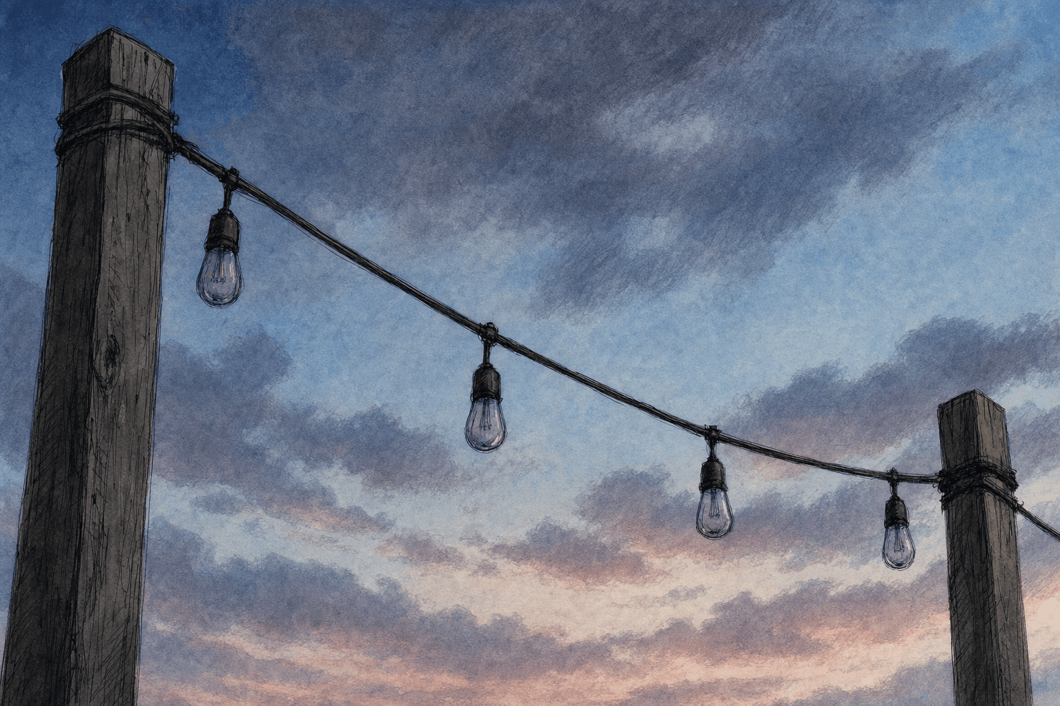 A hand-drawn editorial sketch of a single strand of unlit bistro bulbs strung between two bare posts against an empty evening sky, seen close up…