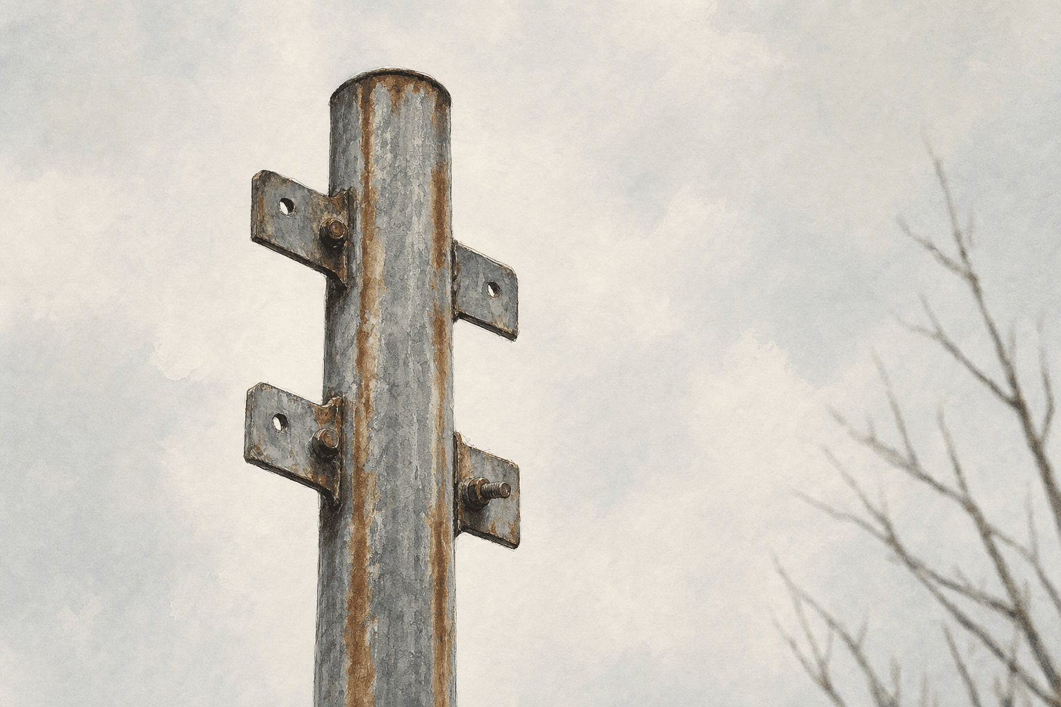 A hand-drawn editorial sketch of a bare metal sign pole cut off at the top, with only empty mounting brackets left where a panel used to be, seen…