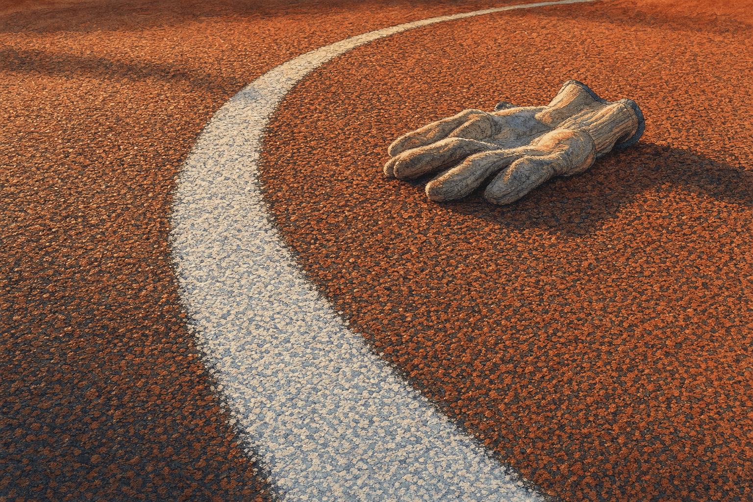 A hand-drawn editorial sketch of a single running-track lane line curving across fresh rubberized surfacing, seen close up from a low angle with a…